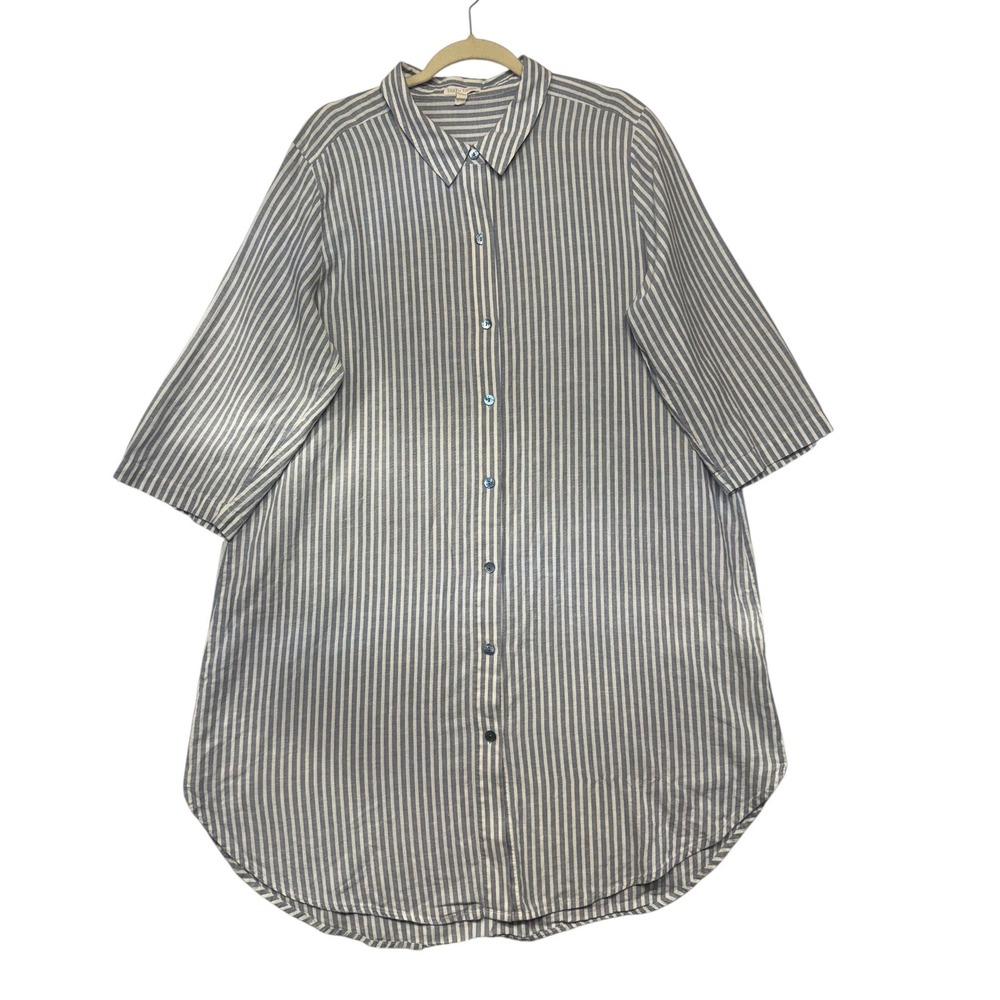 Eileen Fisher XL Blue White Striped Hemp Organic Cotton Button Down Tunic Shirt